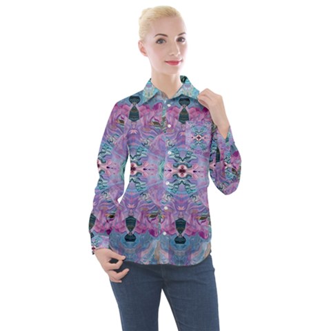 Grey Pink Blend Women s Long Sleeve Pocket Shirt by kaleidomarblingart