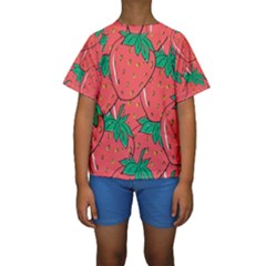 Texture Sweet Strawberry Dessert Food Summer Pattern Kids  Short Sleeve Swimwear