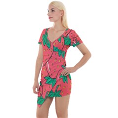 Texture Sweet Strawberry Dessert Food Summer Pattern Short Sleeve Asymmetric Mini Dress by Sarkoni