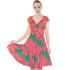 Texture Sweet Strawberry Dessert Food Summer Pattern Cap Sleeve Front Wrap Midi Dress