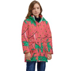 Texture Sweet Strawberry Dessert Food Summer Pattern Kids  Hooded Longline Puffer Jacket