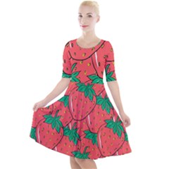 Texture Sweet Strawberry Dessert Food Summer Pattern Quarter Sleeve A-line Dress by Sarkoni