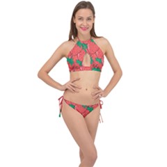 Texture Sweet Strawberry Dessert Food Summer Pattern Cross Front Halter Bikini Set