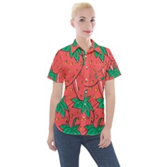 Texture Sweet Strawberry Dessert Food Summer Pattern Women s Short Sleeve Pocket Shirt