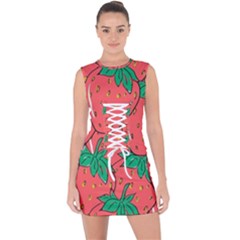 Texture Sweet Strawberry Dessert Food Summer Pattern Lace Up Front Bodycon Dress by Sarkoni