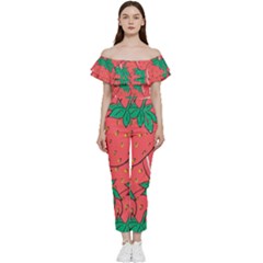 Texture Sweet Strawberry Dessert Food Summer Pattern Bardot Ruffle Jumpsuit