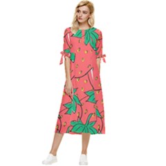 Texture Sweet Strawberry Dessert Food Summer Pattern Bow Sleeve Chiffon Midi Dress