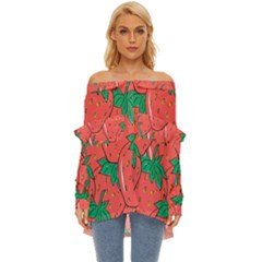 Texture Sweet Strawberry Dessert Food Summer Pattern Off Shoulder Chiffon Pocket Shirt