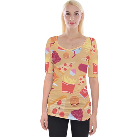 Fast Junk Food  Pizza Burger Cool Soda Pattern Wide Neckline T-shirt by Sarkoni