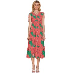 Texture Sweet Strawberry Dessert Food Summer Pattern V-Neck Drawstring Shoulder Sleeveless Maxi Dress