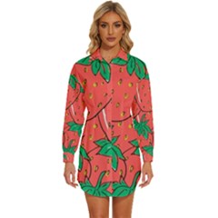 Texture Sweet Strawberry Dessert Food Summer Pattern Womens Long Sleeve Shirt Dress