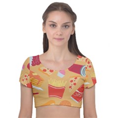 Fast Junk Food  Pizza Burger Cool Soda Pattern Velvet Short Sleeve Crop Top  by Sarkoni