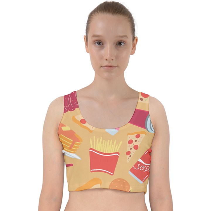 Fast Junk Food  Pizza Burger Cool Soda Pattern Velvet Racer Back Crop Top