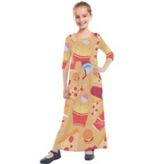 Fast Junk Food  Pizza Burger Cool Soda Pattern Kids  Quarter Sleeve Maxi Dress by Sarkoni