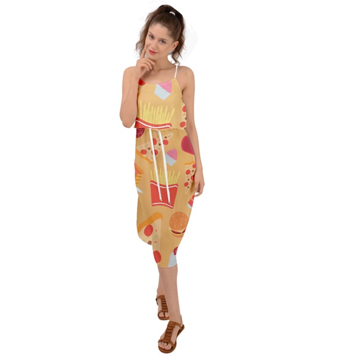 Fast Junk Food  Pizza Burger Cool Soda Pattern Waist Tie Cover Up Chiffon Dress