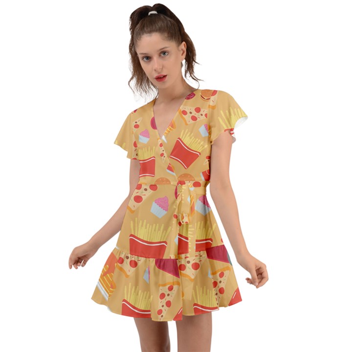 Fast Junk Food  Pizza Burger Cool Soda Pattern Flutter Sleeve Wrap Dress