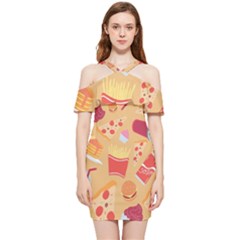 Fast Junk Food  Pizza Burger Cool Soda Pattern Shoulder Frill Bodycon Summer Dress by Sarkoni