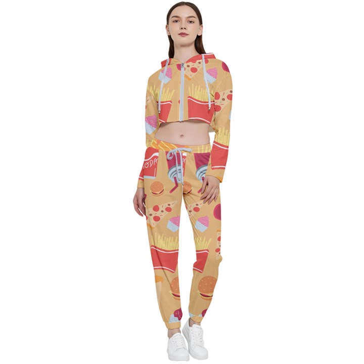 Fast Junk Food  Pizza Burger Cool Soda Pattern Cropped Zip Up Lounge Set