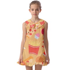 Fast Junk Food  Pizza Burger Cool Soda Pattern Kids  Pilgrim Collar Ruffle Hem Dress by Sarkoni