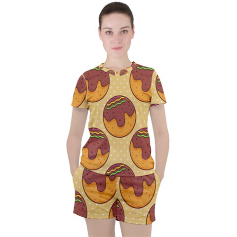 Takoyaki Food Seamless Pattern Women s T-shirt And Shorts Set by Sarkoni