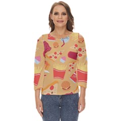 Fast Junk Food  Pizza Burger Cool Soda Pattern Cut Out Wide Sleeve Top