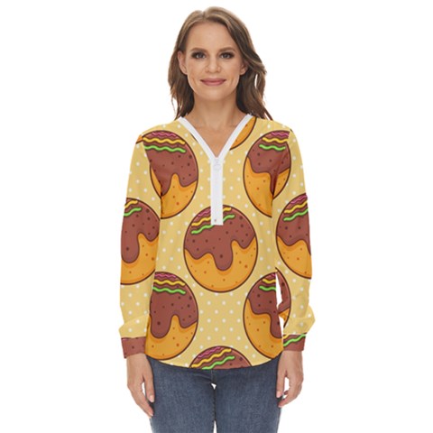 Takoyaki Food Seamless Pattern Zip Up Long Sleeve Blouse by Sarkoni