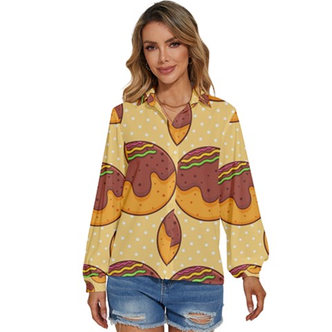 Takoyaki Food Seamless Pattern Women s Long Sleeve Button Up Shirt by Sarkoni