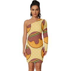 Takoyaki Food Seamless Pattern Long Sleeve One Shoulder Mini Dress by Sarkoni