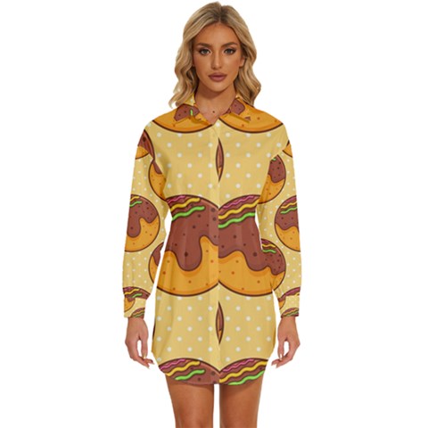 Takoyaki Food Seamless Pattern Womens Long Sleeve Shirt Dress by Sarkoni