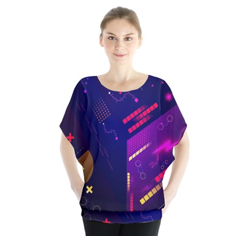 Vector Design Gamming Sytle Retro Art Pattern Batwing Chiffon Blouse by Sarkoni