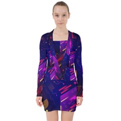 Vector Design Gamming Sytle Retro Art Pattern V-neck Bodycon Long Sleeve Dress by Sarkoni