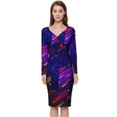 Vector Design Gamming Sytle Retro Art Pattern Long Sleeve V-neck Bodycon Dress  by Sarkoni