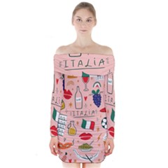 Food Pattern Italia Long Sleeve Off Shoulder Dress by Sarkoni