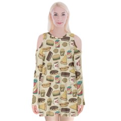 Junk Food Hipster Pattern Velvet Long Sleeve Shoulder Cutout Dress by Sarkoni