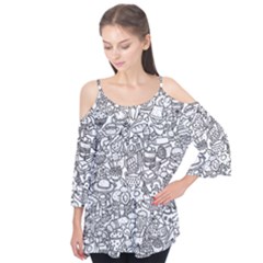 Food Doodle Pattern Flutter Sleeve T-shirt 