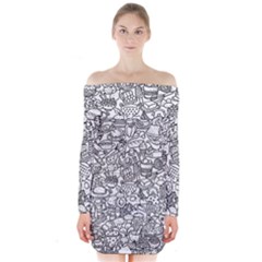 Food Doodle Pattern Long Sleeve Off Shoulder Dress by Sarkoni