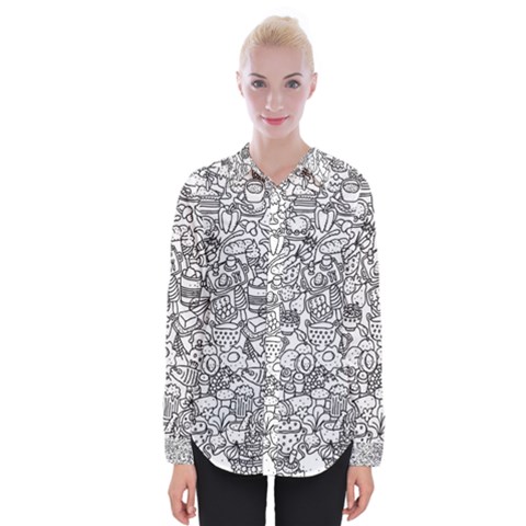 Food Doodle Pattern Womens Long Sleeve Shirt by Sarkoni