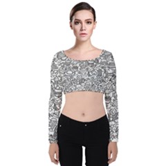 Food Doodle Pattern Velvet Long Sleeve Crop Top by Sarkoni