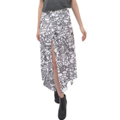 Food Doodle Pattern Velour Split Maxi Skirt by Sarkoni