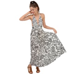 Food Doodle Pattern Backless Maxi Beach Dress by Sarkoni