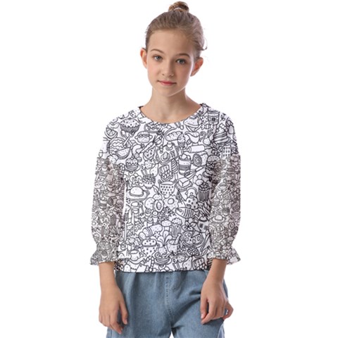 Food Doodle Pattern Kids  Cuff Sleeve Top by Sarkoni