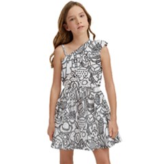 Food Doodle Pattern Kids  One Shoulder Party Dress by Sarkoni