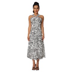 Food Doodle Pattern Sleeveless Cross Front Cocktail Midi Chiffon Dress by Sarkoni