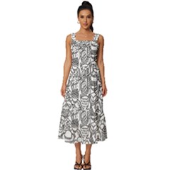 Food Doodle Pattern Square Neckline Tiered Midi Dress by Sarkoni