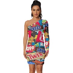 Pop Art Food Cute Patterns Long Sleeve One Shoulder Mini Dress by Sarkoni