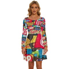 Pop Art Food Cute Patterns Long Sleeve Wide Neck Velvet Dress by Sarkoni