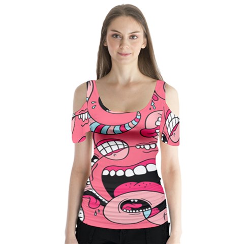 Big Mouth Worm Butterfly Sleeve Cutout T-shirt  by Dutashop