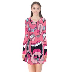 Big Mouth Worm Long Sleeve V-neck Flare Dress