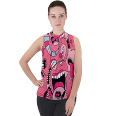 Big Mouth Worm Mock Neck Chiffon Sleeveless Top by Dutashop