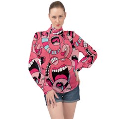 Big Mouth Worm High Neck Long Sleeve Chiffon Top by Dutashop